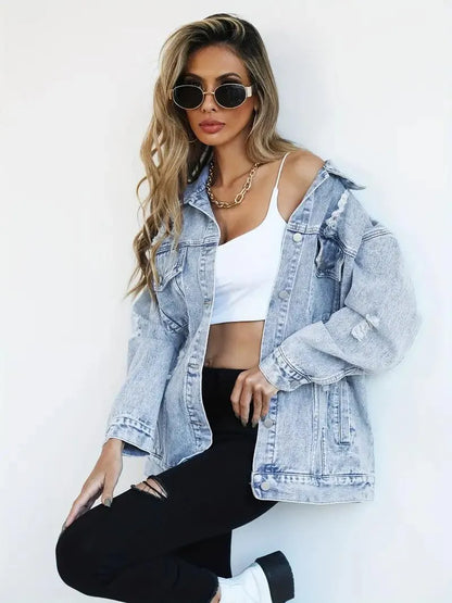 Waterproof & Lined Oversized Women's Denim Jacket with Hood – Autumn Magic Talia - Image 4
