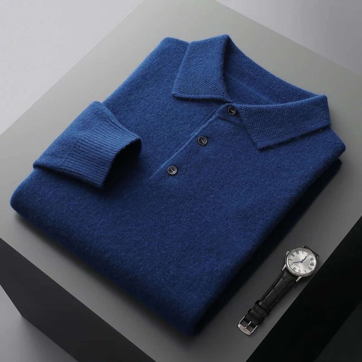 Men's Cashmere Polo Knit Sweater Long Sleeve Button Collar Pullover - Image 1