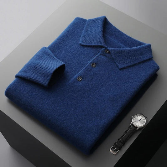 Men's Cashmere Polo Knit Sweater Long Sleeve Button Collar Pullover - Image 1