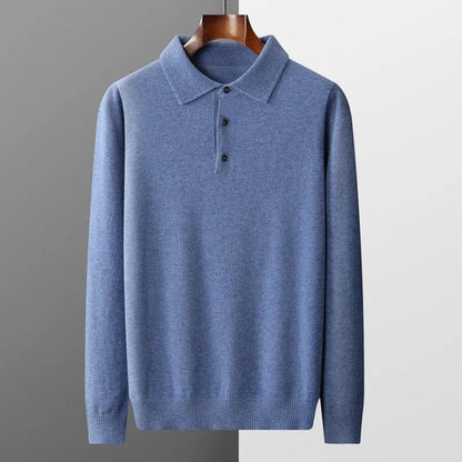 Men's Cashmere Polo Knit Sweater Long Sleeve Button Collar Pullover - Image 11