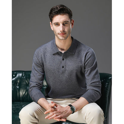 Men's Cashmere Polo Knit Sweater Long Sleeve Button Collar Pullover - Image 13
