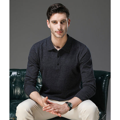 Men's Cashmere Polo Knit Sweater Long Sleeve Button Collar Pullover - Image 14