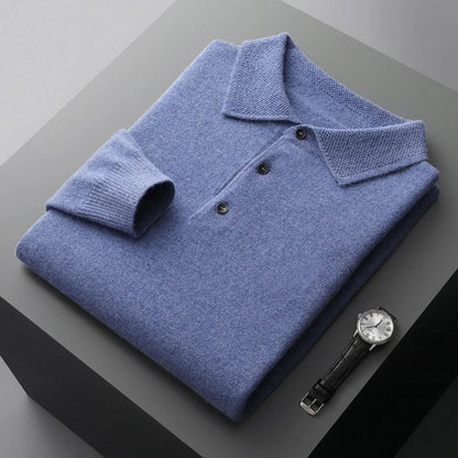 Men's Cashmere Polo Knit Sweater Long Sleeve Button Collar Pullover - Image 15