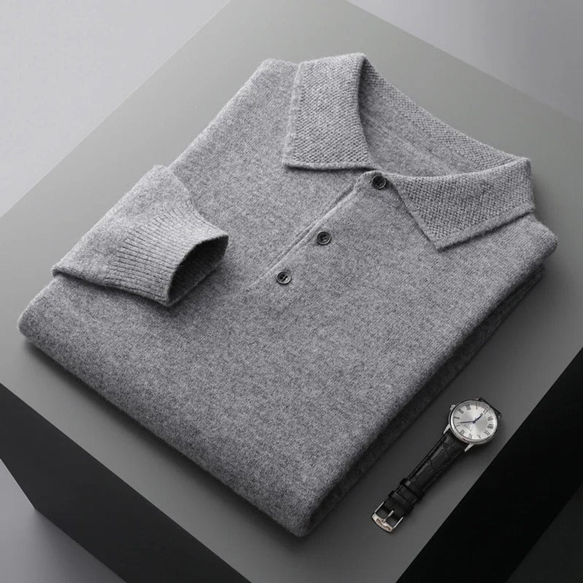 Men's Cashmere Polo Knit Sweater Long Sleeve Button Collar Pullover - Image 2