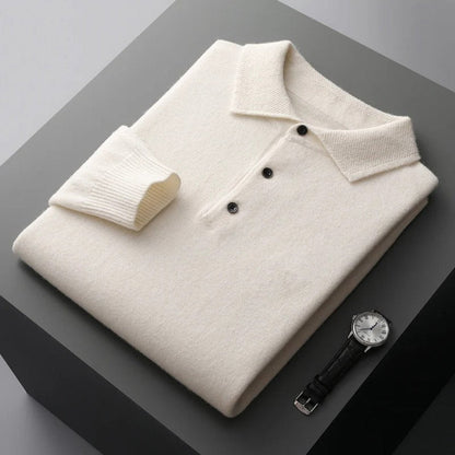 Men's Cashmere Polo Knit Sweater Long Sleeve Button Collar Pullover - Image 3