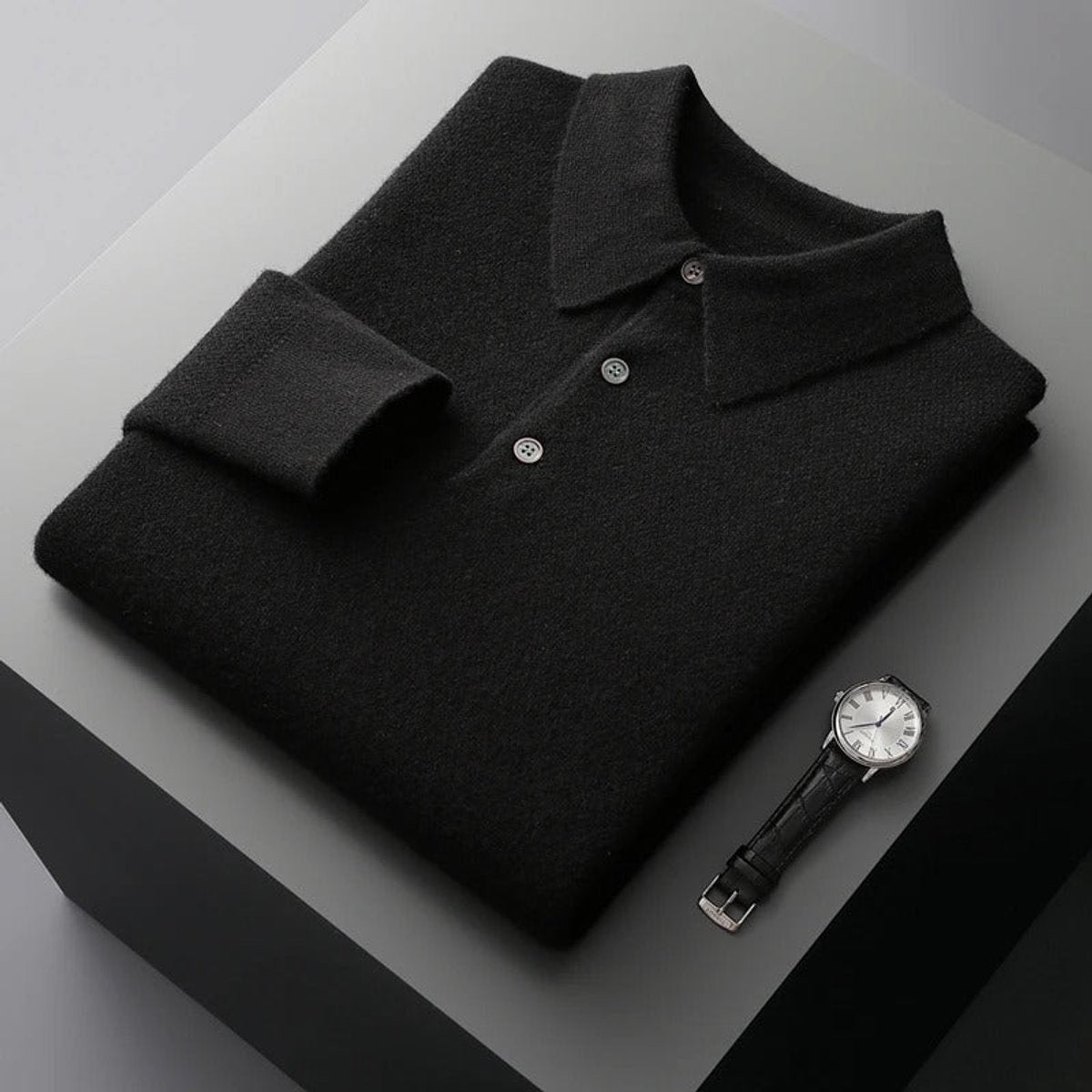 Men's Cashmere Polo Knit Sweater Long Sleeve Button Collar Pullover - Image 4