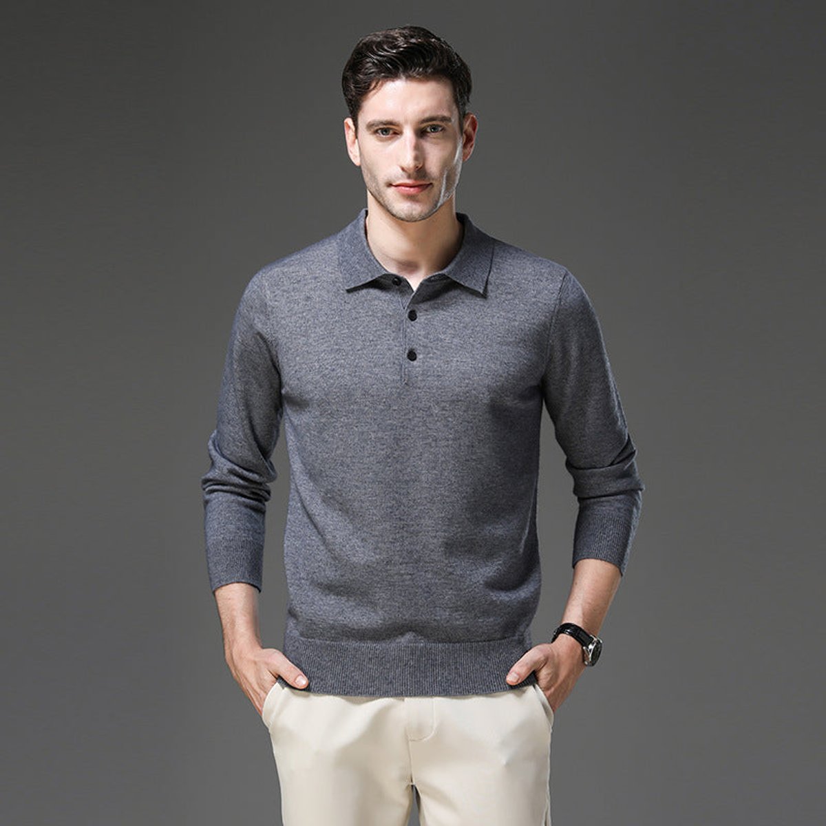 Men's Cashmere Polo Knit Sweater Long Sleeve Button Collar Pullover - Image 5