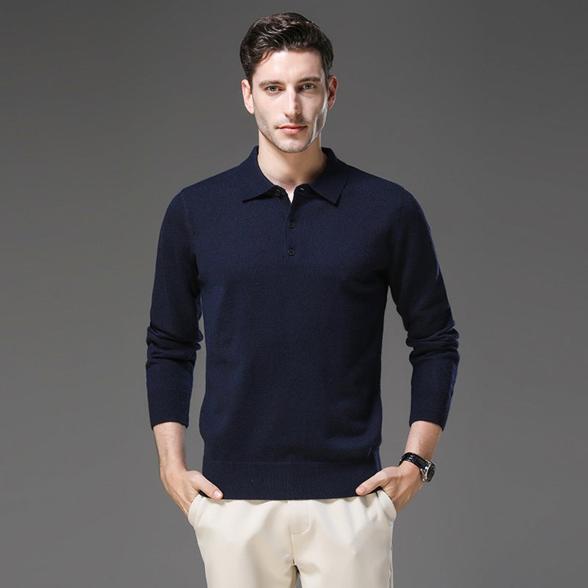 Men's Cashmere Polo Knit Sweater Long Sleeve Button Collar Pullover - Image 6
