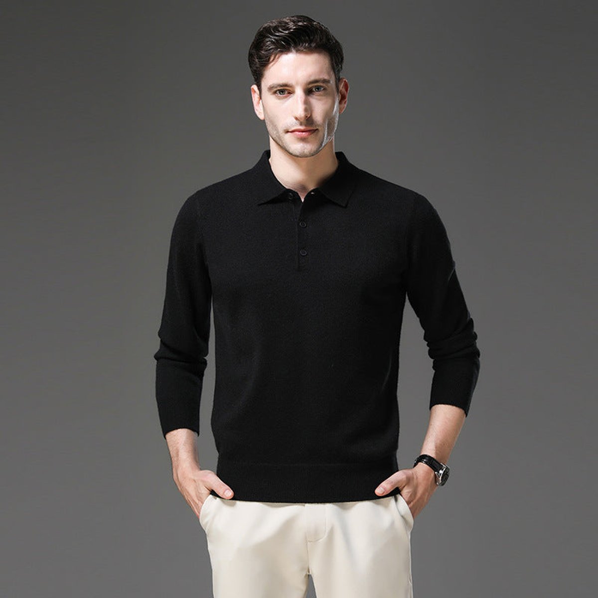 Men's Cashmere Polo Knit Sweater Long Sleeve Button Collar Pullover - Image 7