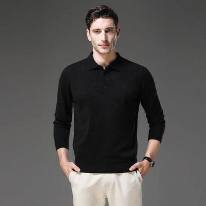 Men's Cashmere Polo Knit Sweater Long Sleeve Button Collar Pullover - Image 7