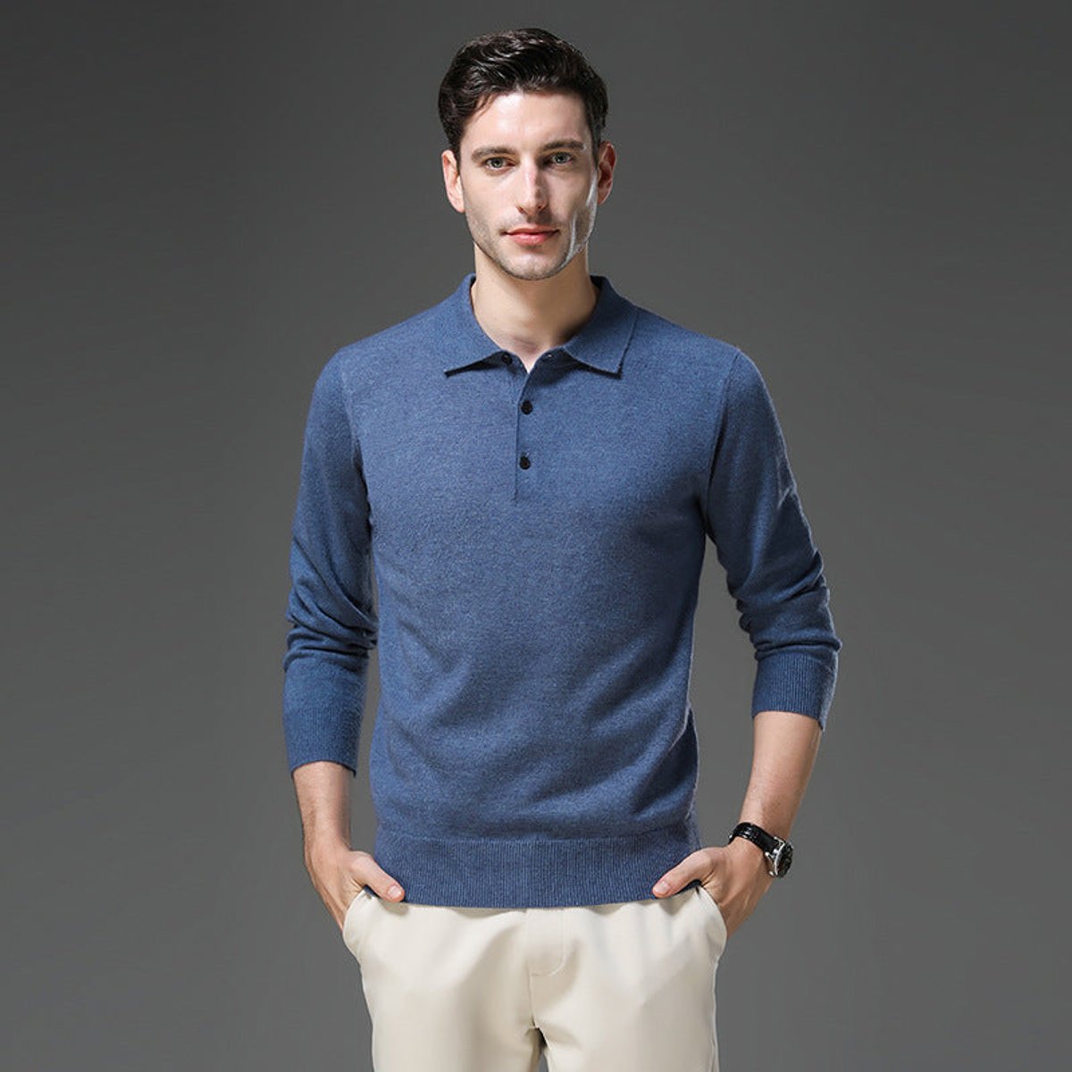 Men's Cashmere Polo Knit Sweater Long Sleeve Button Collar Pullover - Image 8