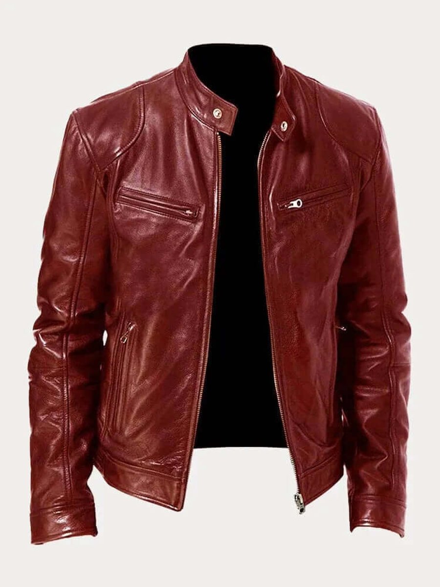 Men's Classic Biker-Style Zip-Up Leather Jacket - Image 11