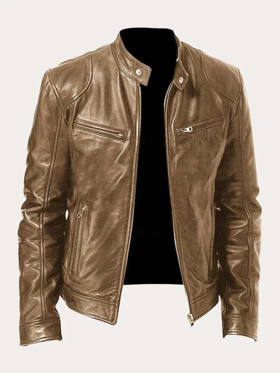 Men's Classic Biker-Style Zip-Up Leather Jacket - Image 12