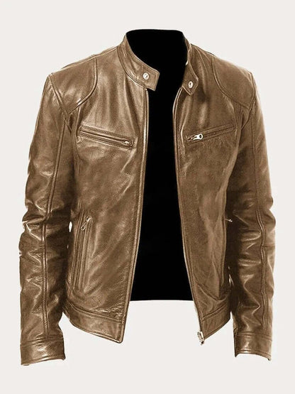 Men's Classic Biker-Style Zip-Up Leather Jacket - Image 12
