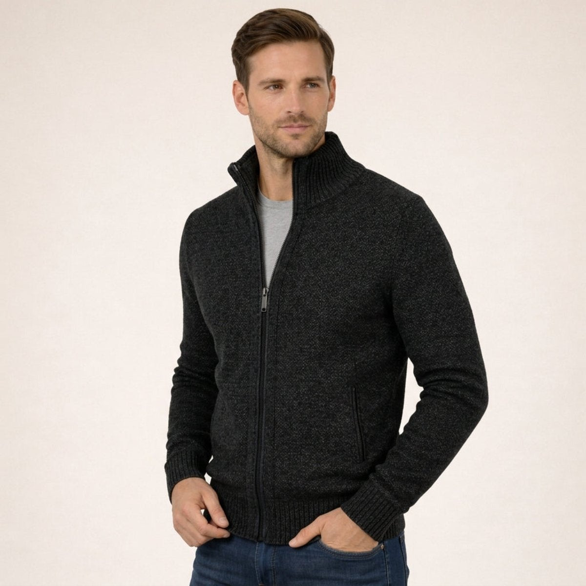 Men's Merino Wool Full-Zip Mock Neck Sweater - Image 2