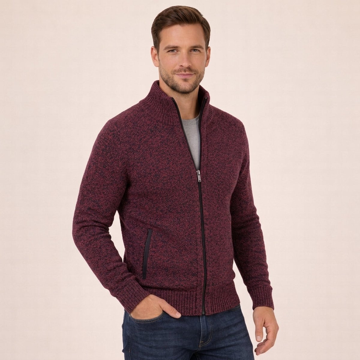 Men's Merino Wool Full-Zip Mock Neck Sweater - Image 6