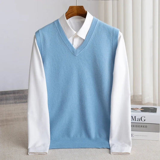 Men's Merino Wool V-Neck Sweater Vest Layering Knit - Image 1