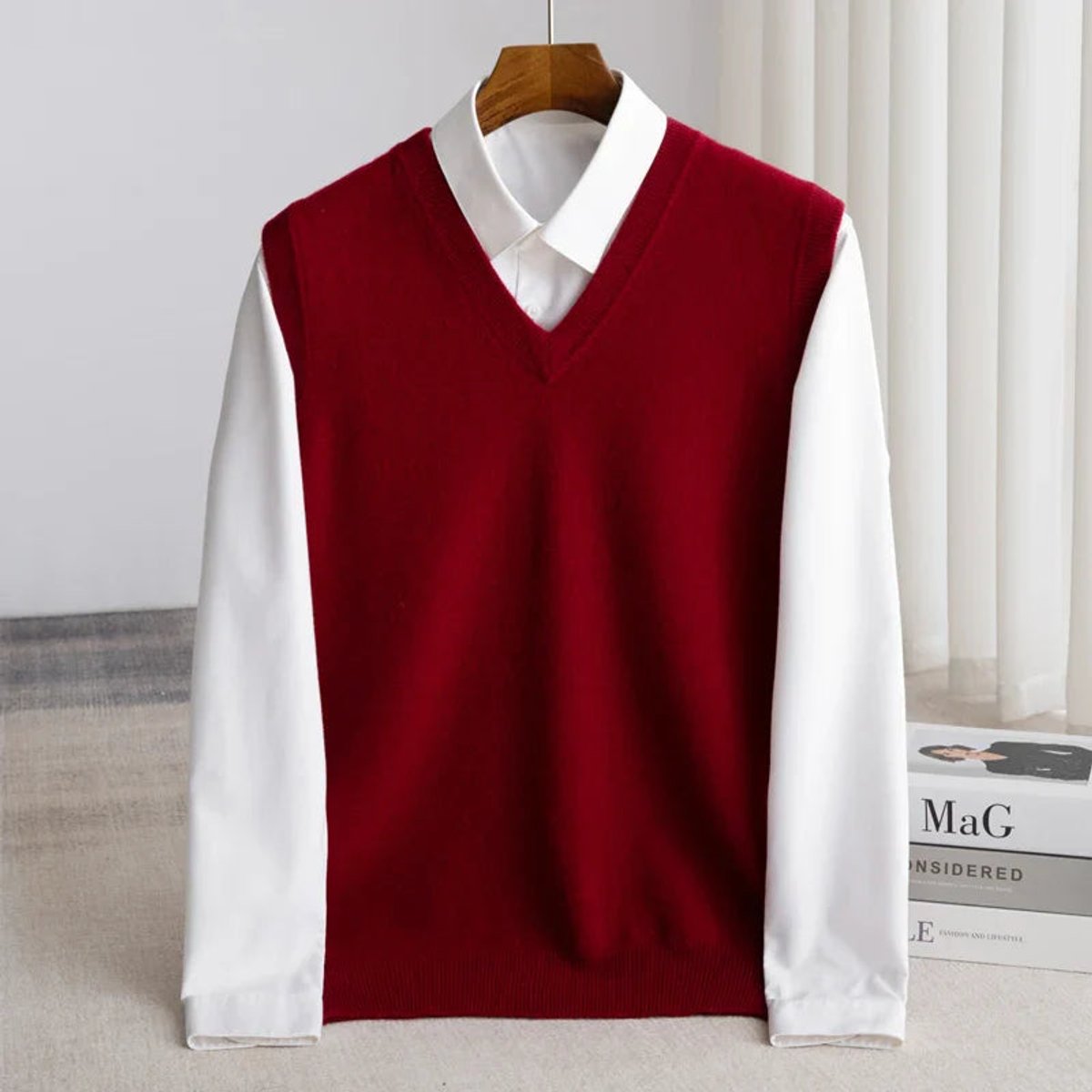 Men's Merino Wool V-Neck Sweater Vest Layering Knit - Image 7