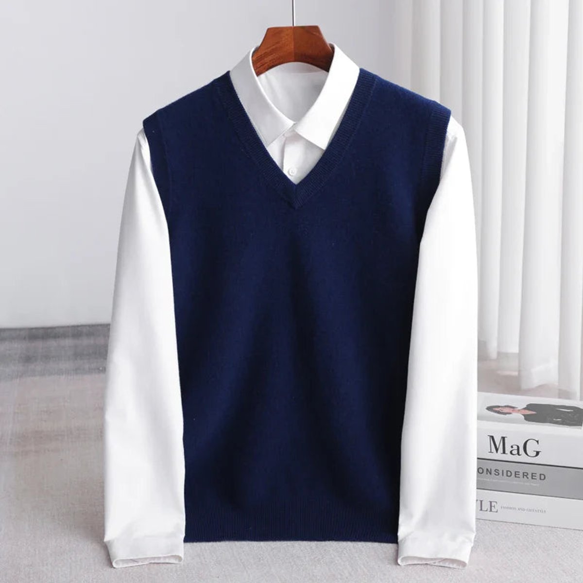 Men's Merino Wool V-Neck Sweater Vest Layering Knit - Image 8