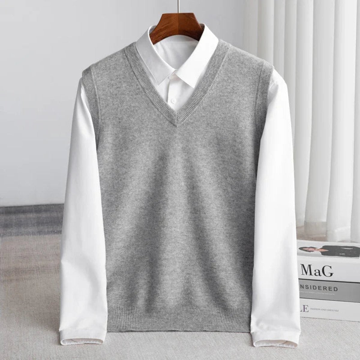 Men's Merino Wool V-Neck Sweater Vest Layering Knit - Image 9