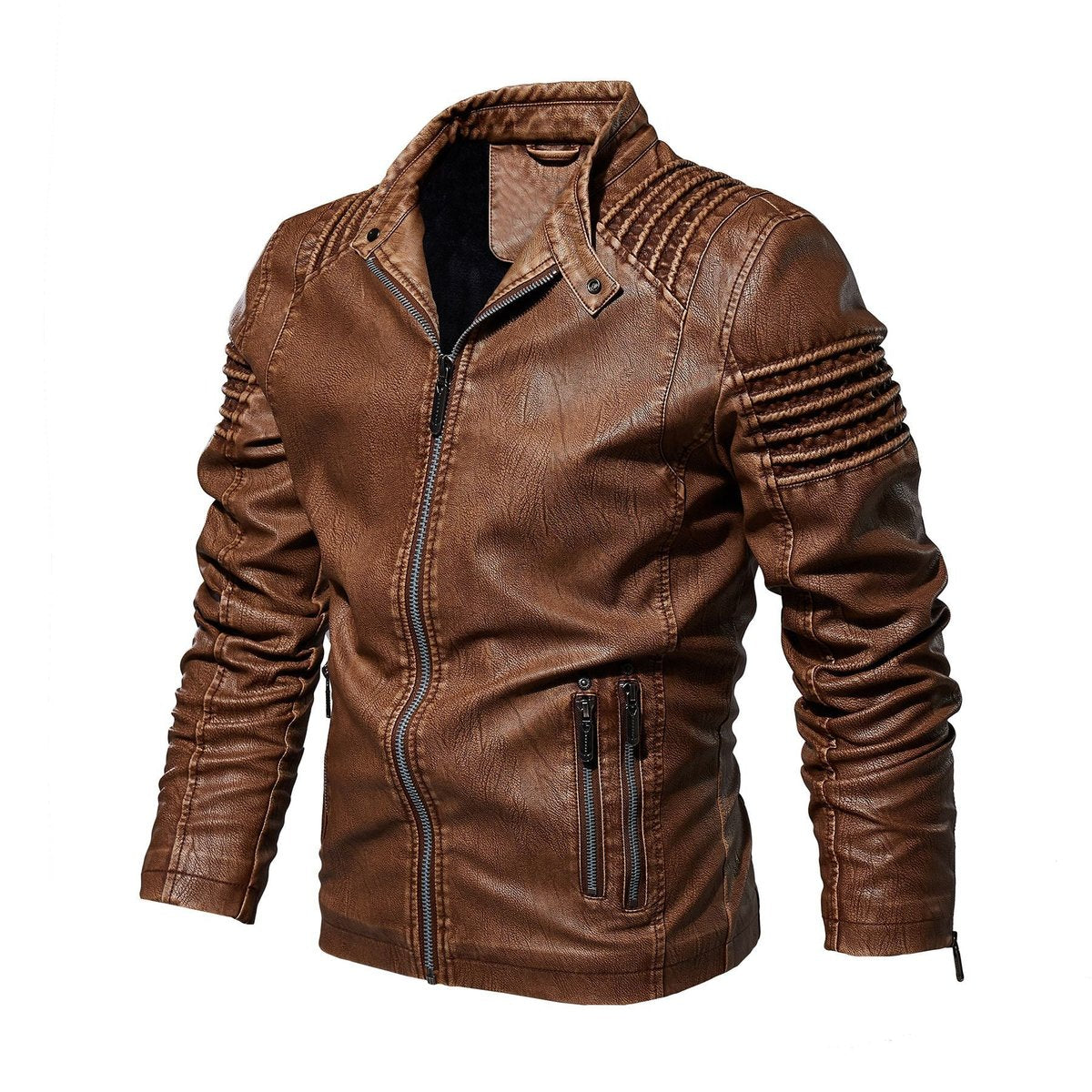 Men's Moto-Style Faux Leather Jacket Ribbed Shoulder - Image 1