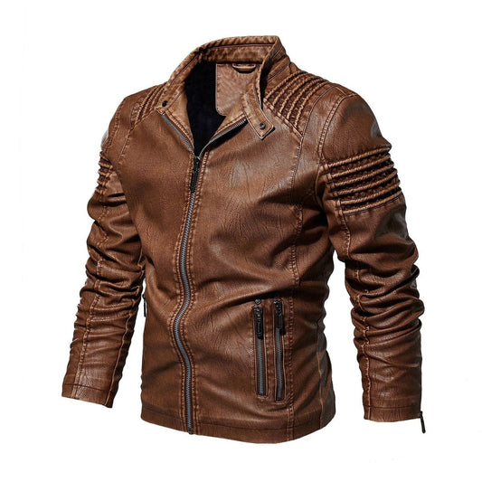 Men's Moto-Style Faux Leather Jacket Ribbed Shoulder - Image 1