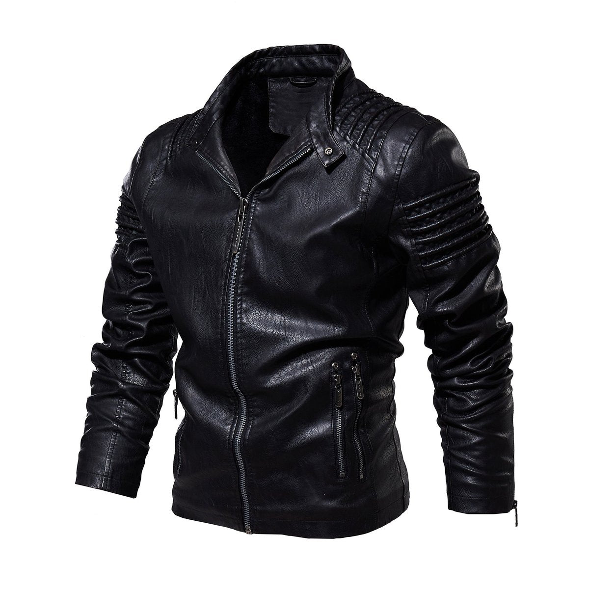 Men's Moto-Style Faux Leather Jacket Ribbed Shoulder - Image 3