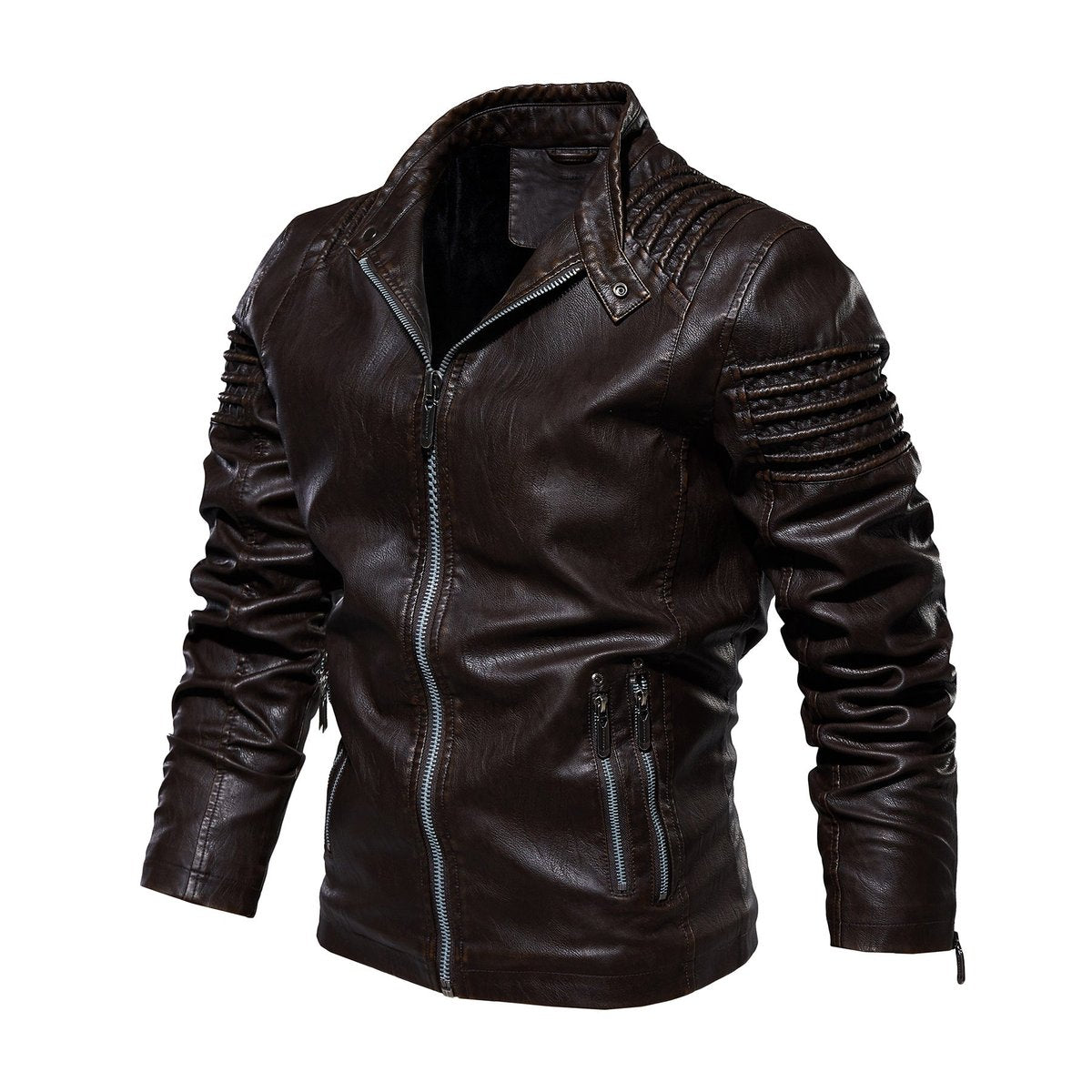 Men's Moto-Style Faux Leather Jacket Ribbed Shoulder - Image 5