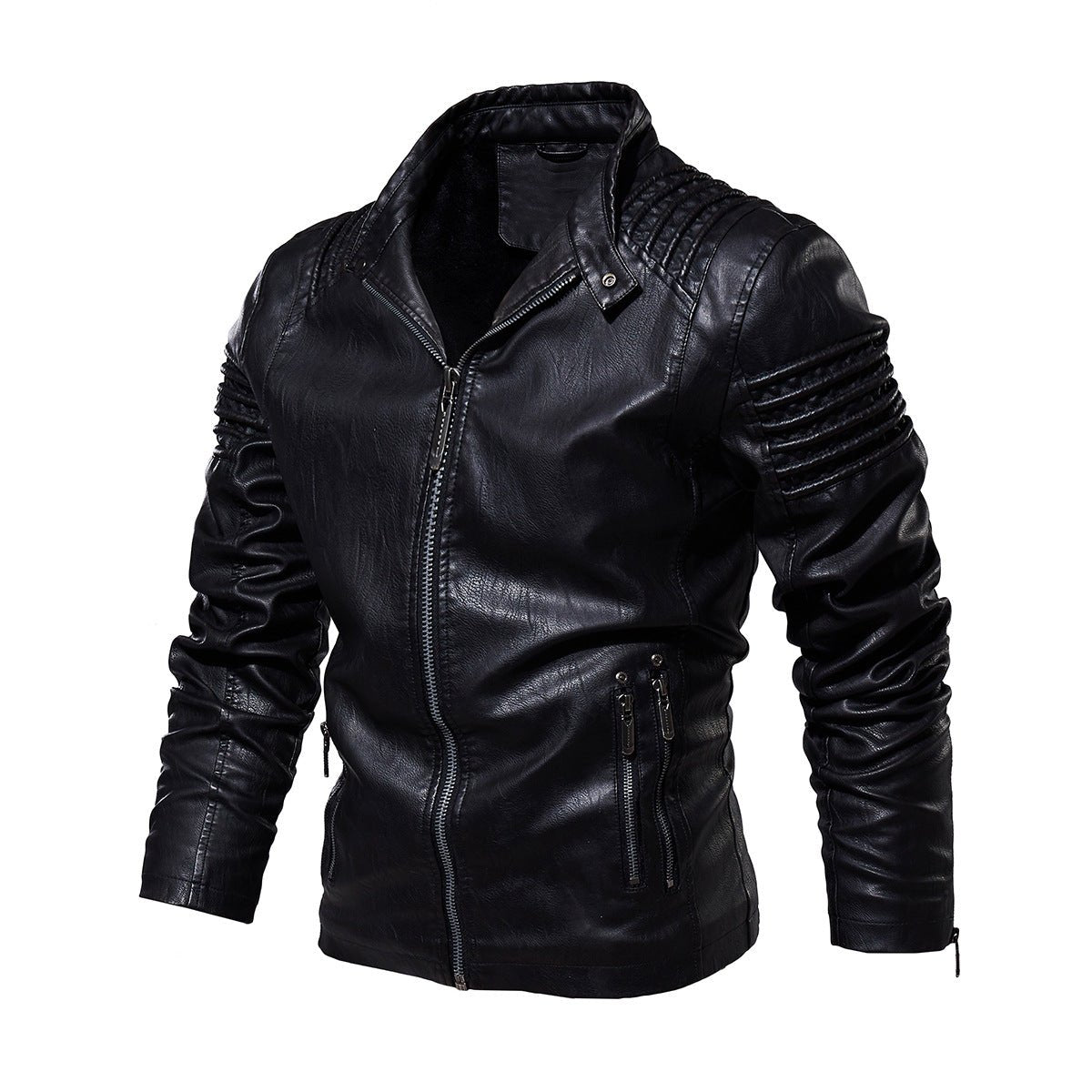 Men's Moto-Style Faux Leather Jacket Ribbed Shoulder - Image 6