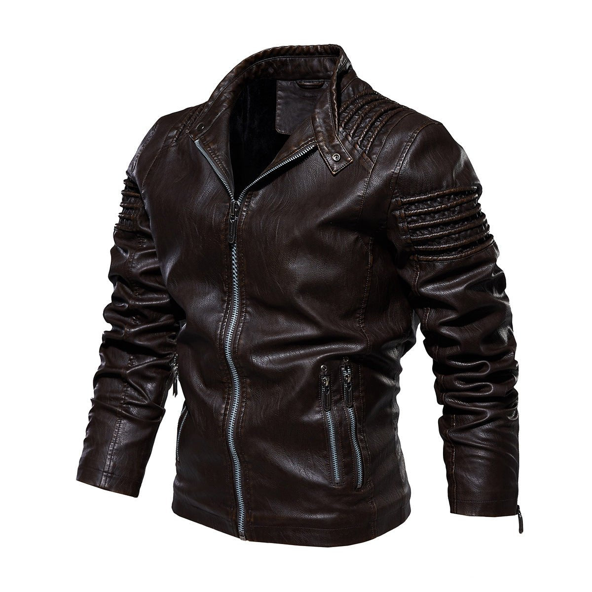 Men's Moto-Style Faux Leather Jacket Ribbed Shoulder - Image 8
