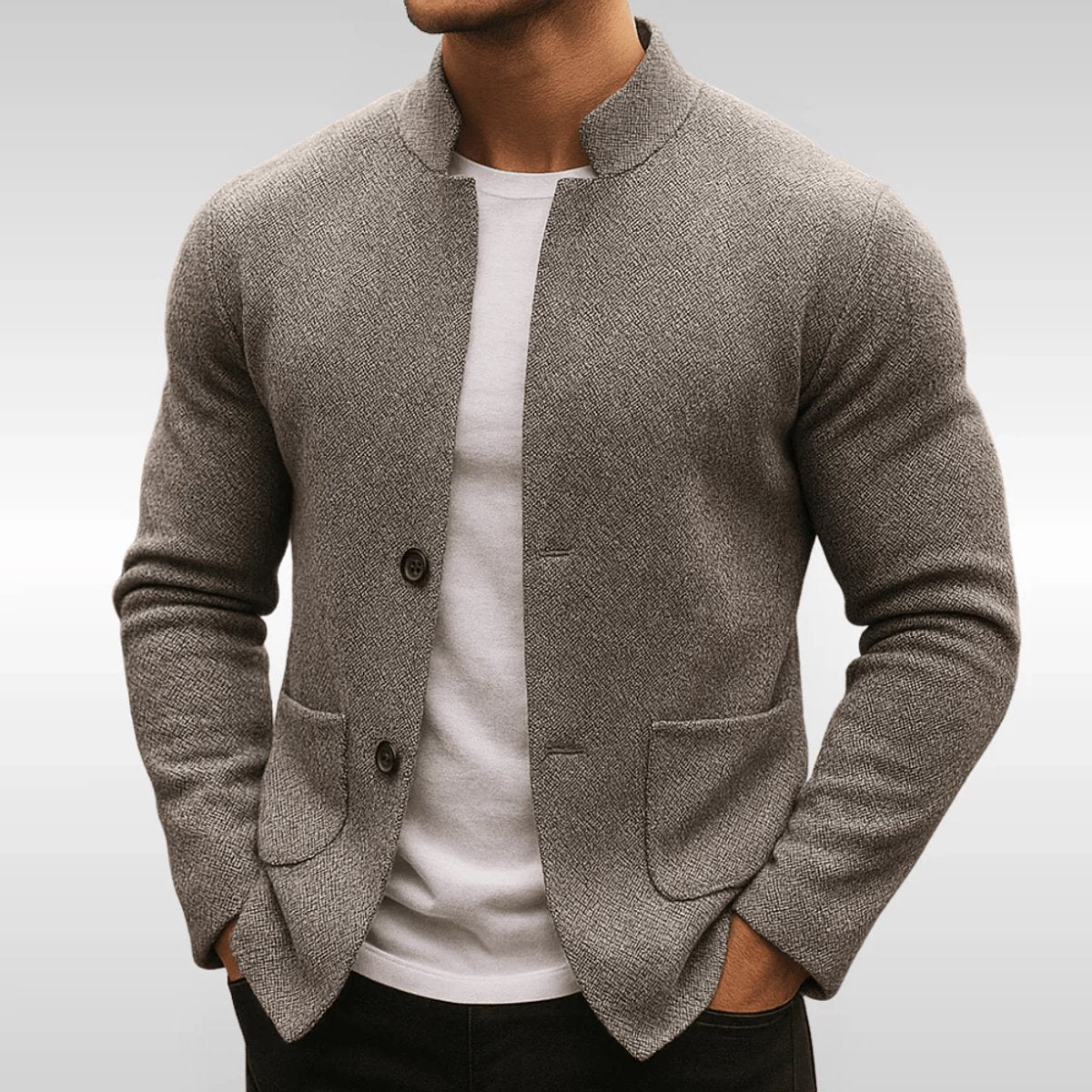 Men's Quilted Jacket Knit-Texture Mandarin-Collar Button-Front Blazer - Image 2