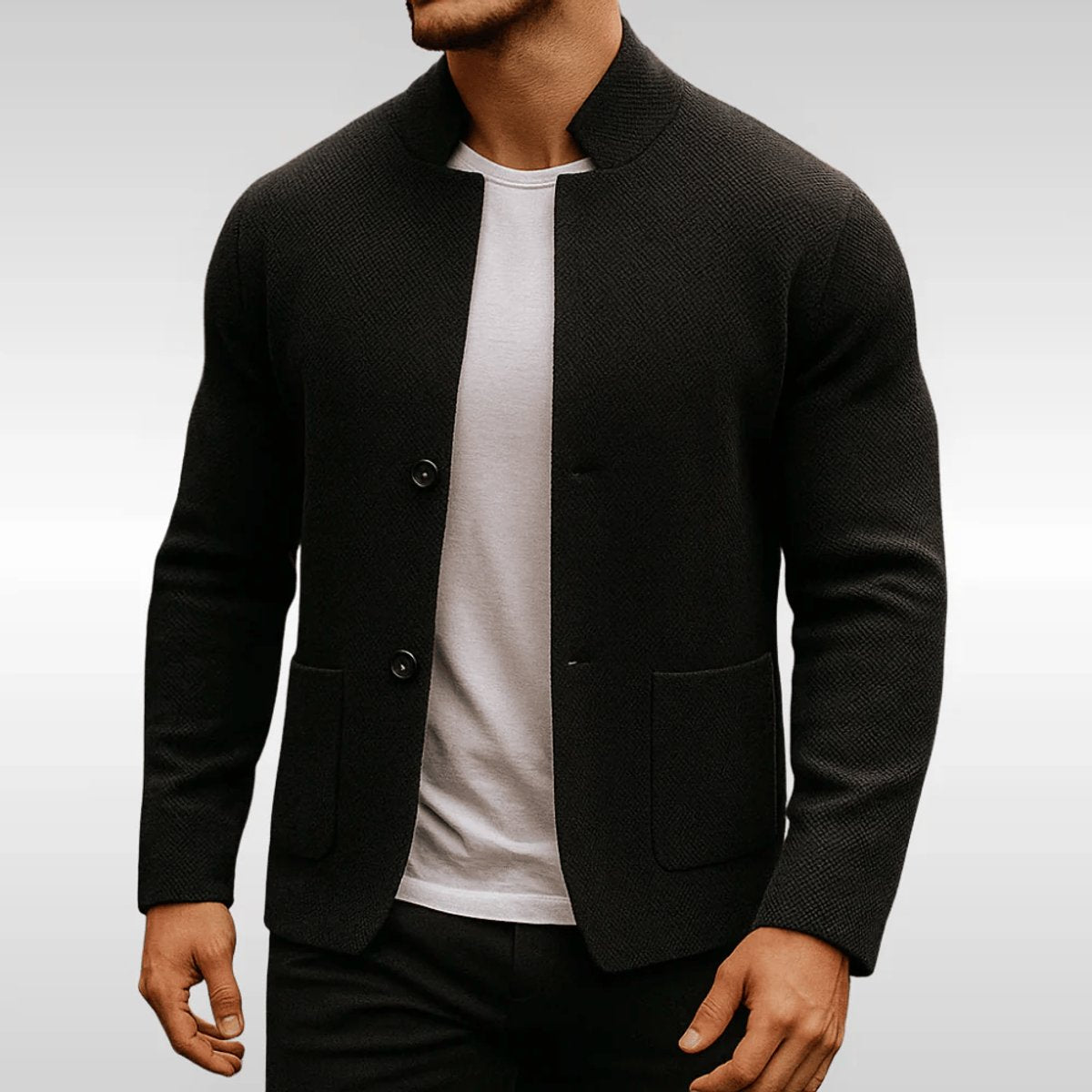 Men's Quilted Jacket Knit-Texture Mandarin-Collar Button-Front Blazer - Image 3