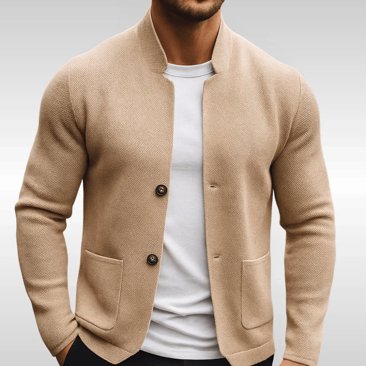 Men's Quilted Jacket Knit-Texture Mandarin-Collar Button-Front Blazer - Image 4