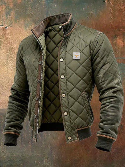 Men's Quilted Jacket Stand Collar Snap Button Bomber - Image 1