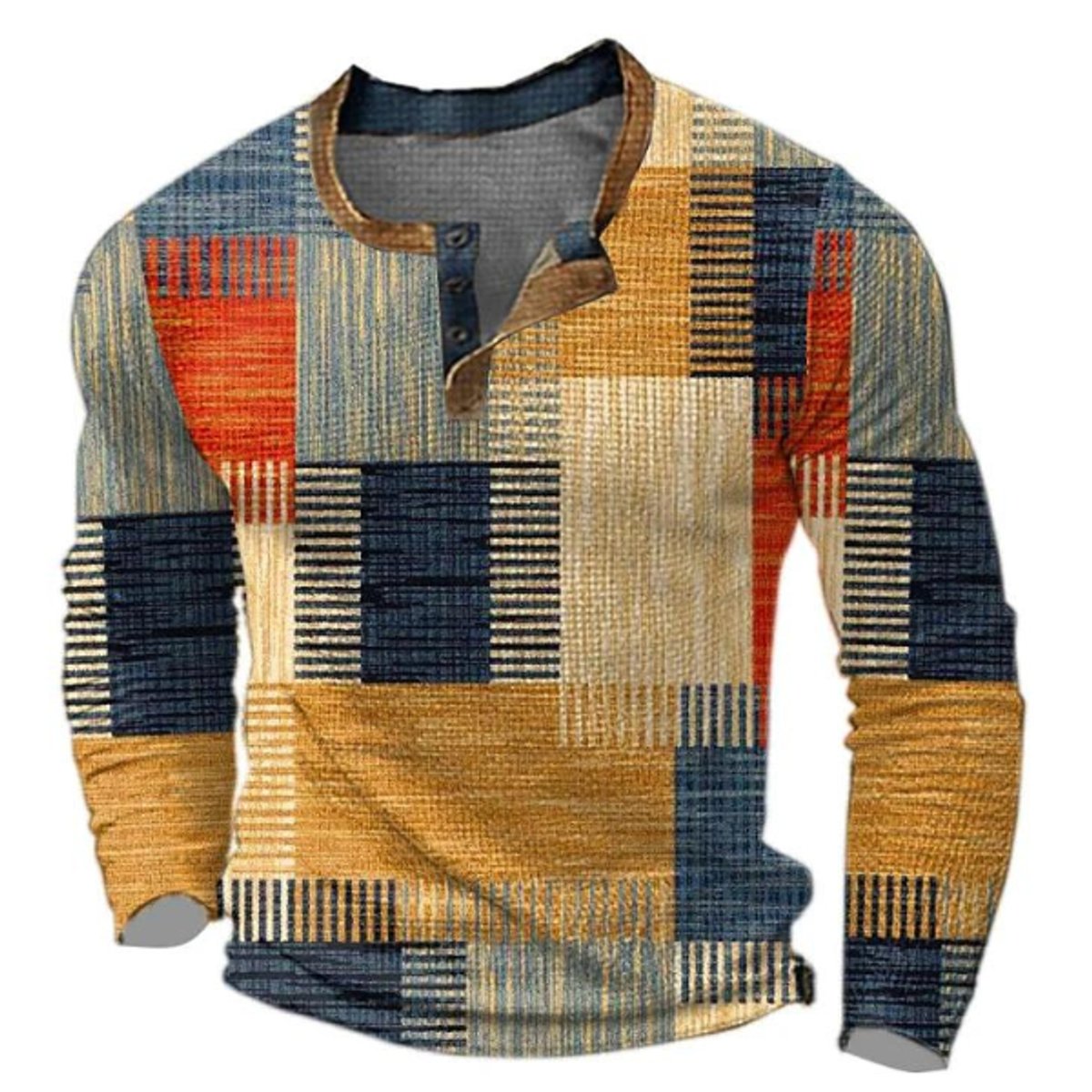Men's Retro Colorblock Long Sleeve Henley Knit Sweater - Image 1