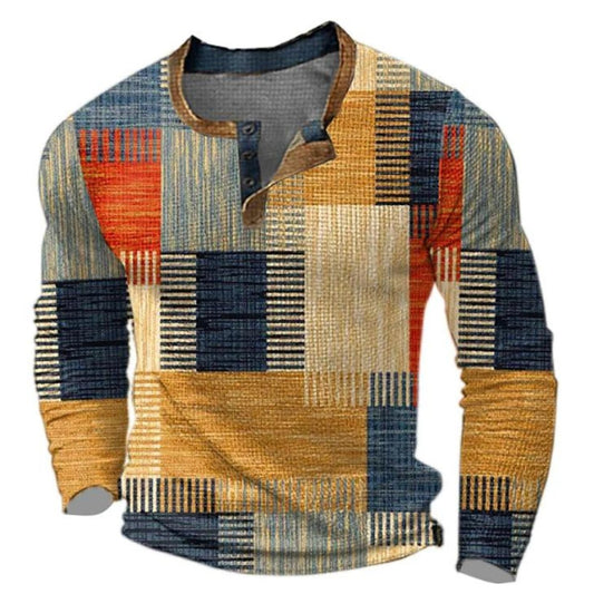 Men's Retro Colorblock Long Sleeve Henley Knit Sweater - Image 1
