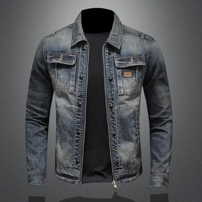 Men's Retro Washed Denim Zip-Up Jacket Casual Outerwear Coat - Image 1