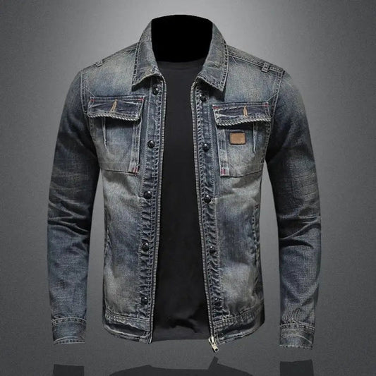 Men's Retro Washed Denim Zip-Up Jacket Casual Outerwear Coat - Image 1