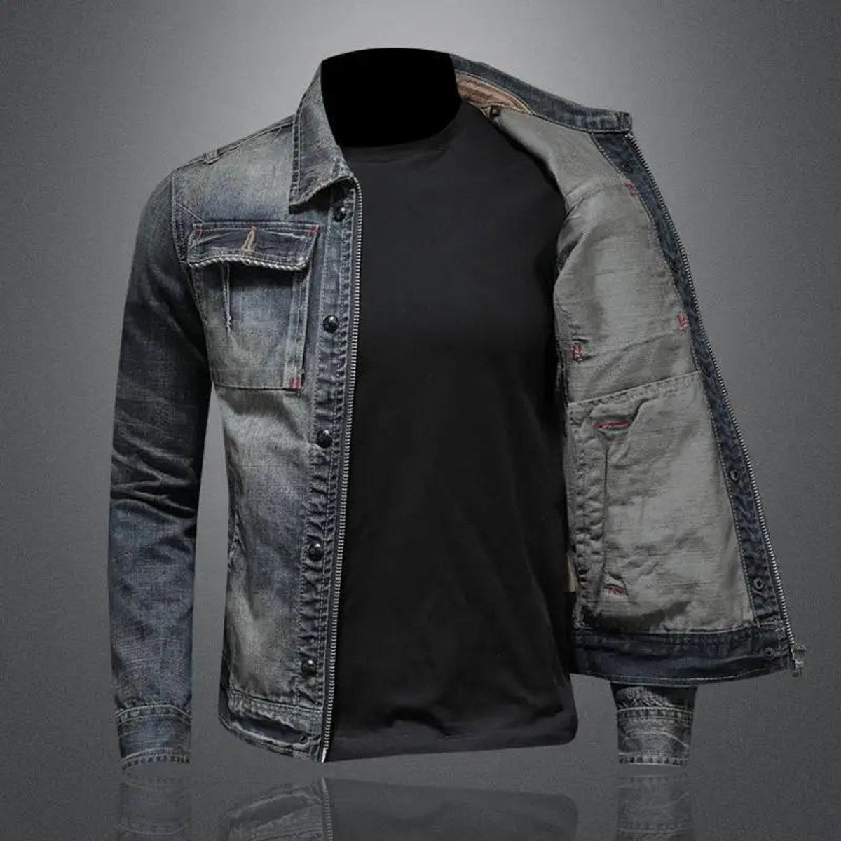 Men's Retro Washed Denim Zip-Up Jacket Casual Outerwear Coat - Image 2