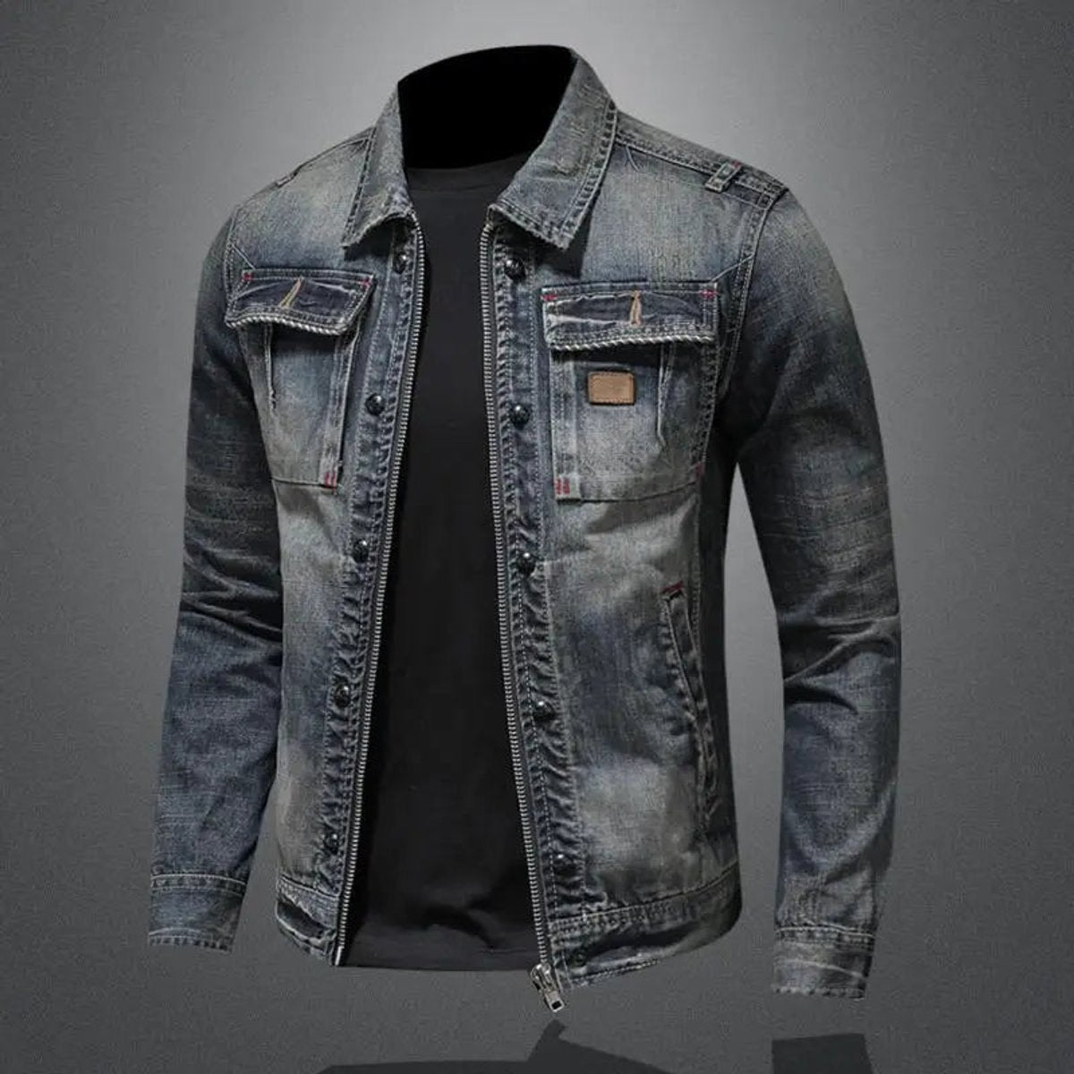 Men's Retro Washed Denim Zip-Up Jacket Casual Outerwear Coat - Image 3
