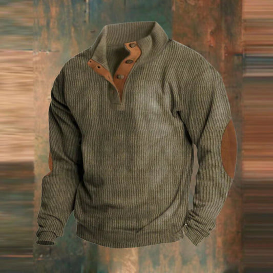 Men's Ribbed Knit Sweater Henley Pullover Elbow Patch Quarter Snap - Image 1