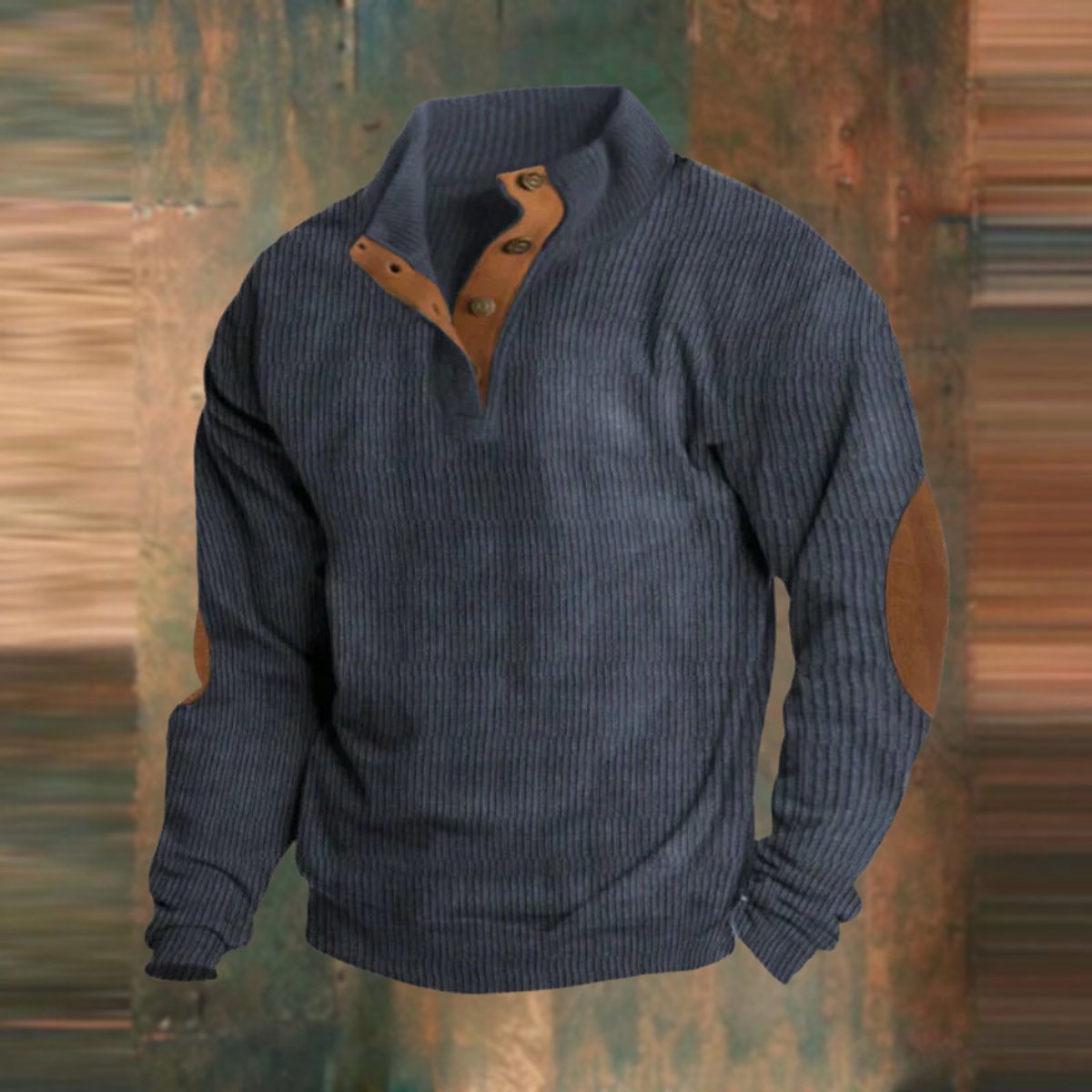 Men's Ribbed Knit Sweater Henley Pullover Elbow Patch Quarter Snap - Image 2