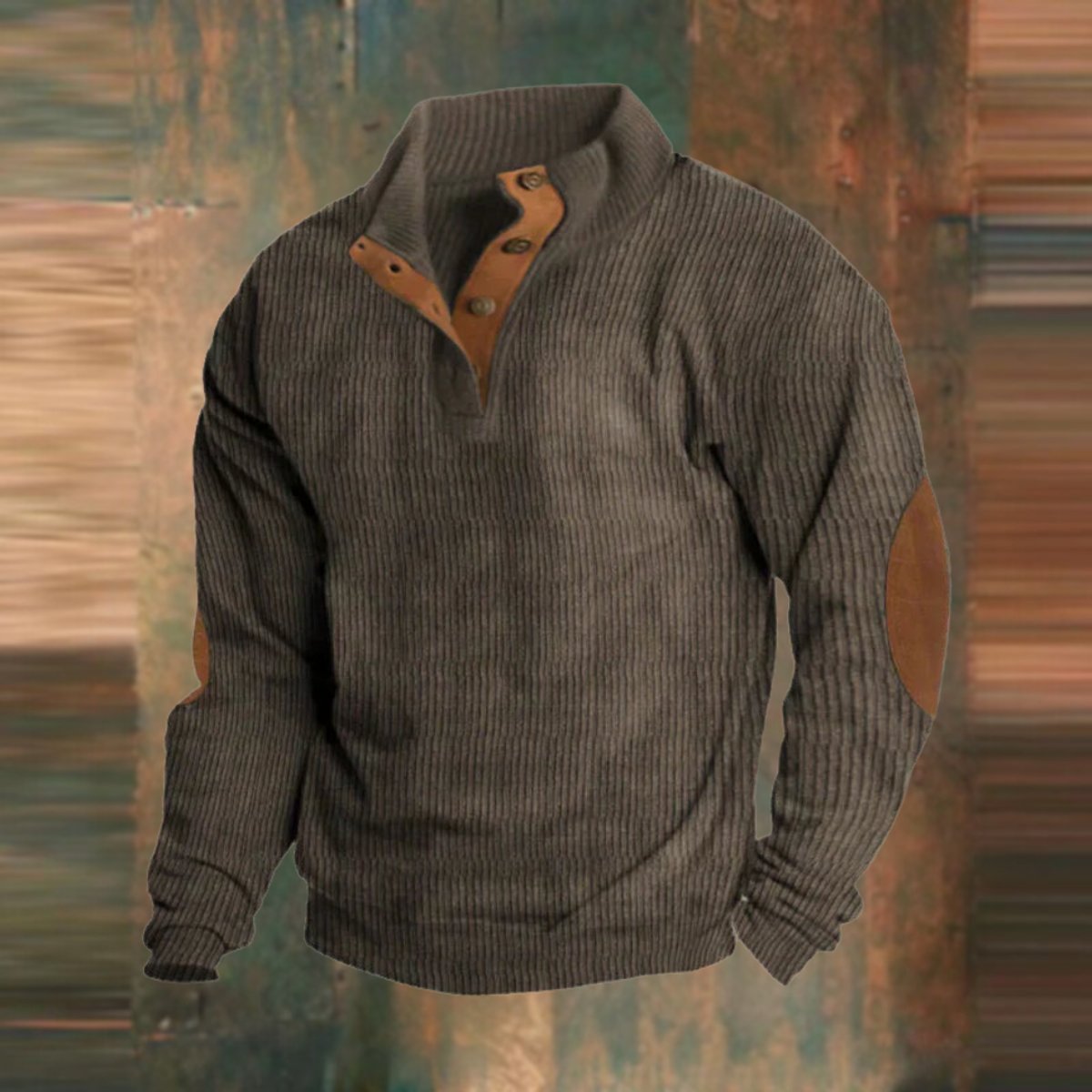 Men's Ribbed Knit Sweater Henley Pullover Elbow Patch Quarter Snap - Image 3