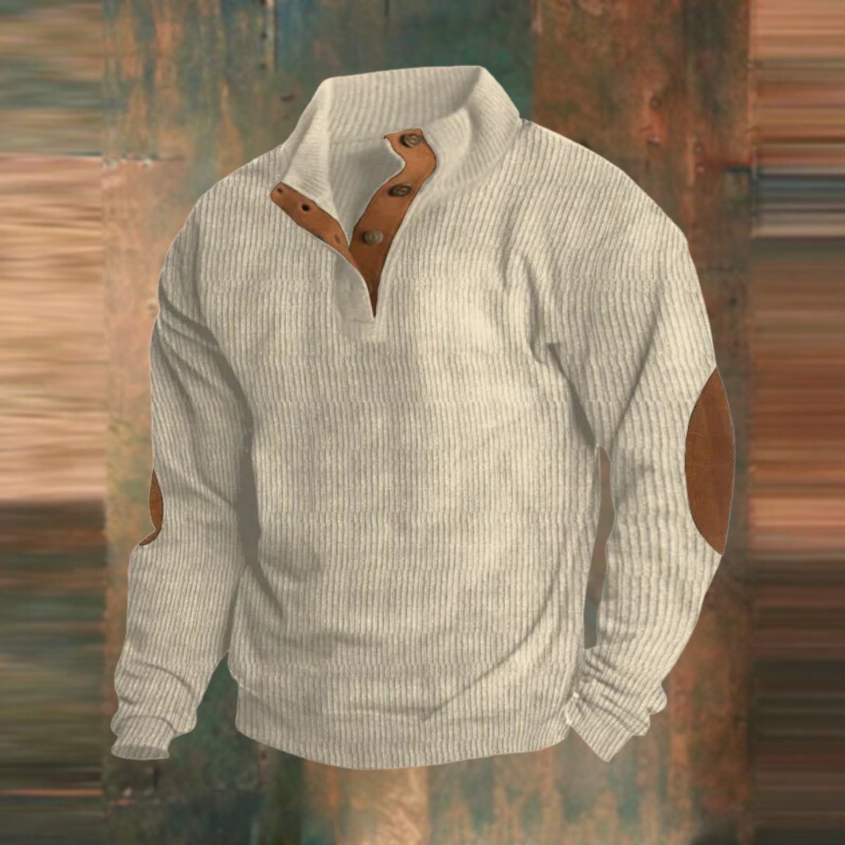 Men's Ribbed Knit Sweater Henley Pullover Elbow Patch Quarter Snap - Image 4