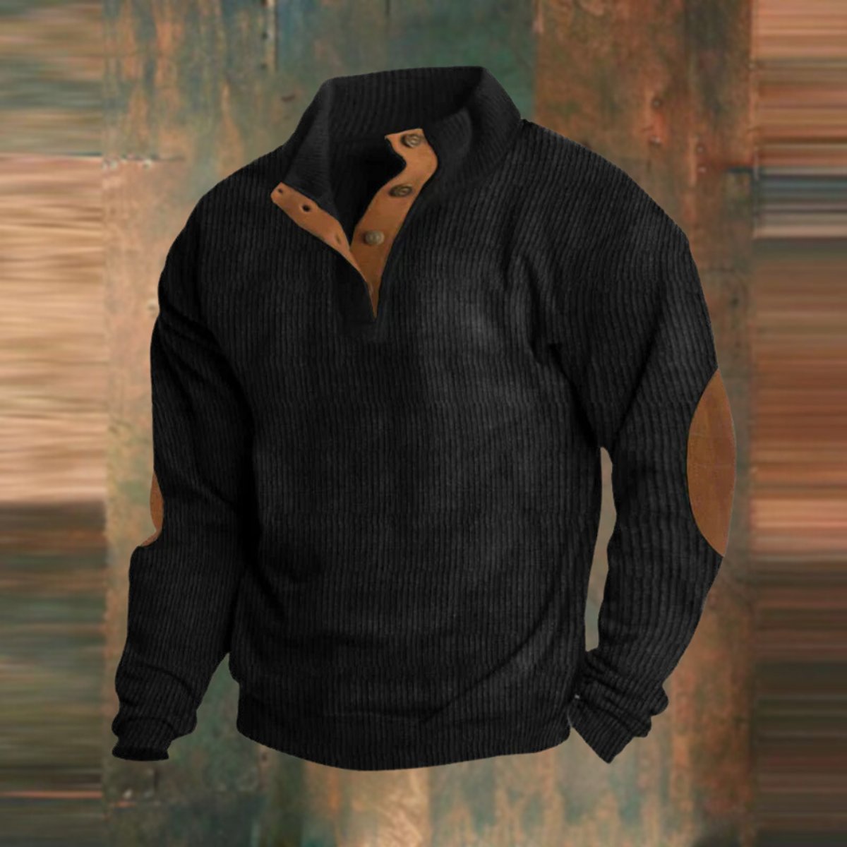 Men's Ribbed Knit Sweater Henley Pullover Elbow Patch Quarter Snap - Image 5