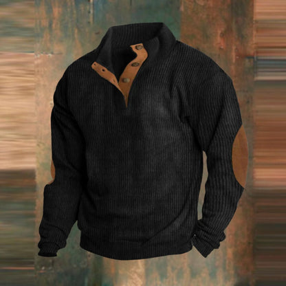 Men's Ribbed Knit Sweater Henley Pullover Elbow Patch Quarter Snap - Image 5