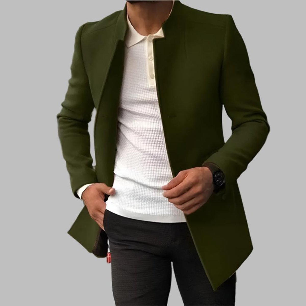 Men's Slim-Fit Collarless Wool Coat Open-Front - Image 1