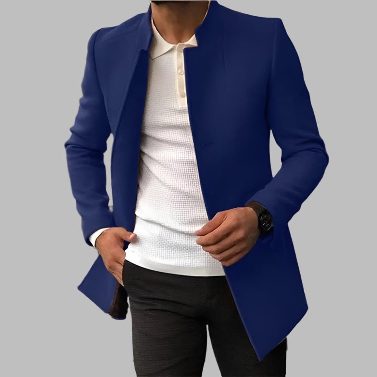 Men's Slim-Fit Collarless Wool Coat Open-Front - Image 2