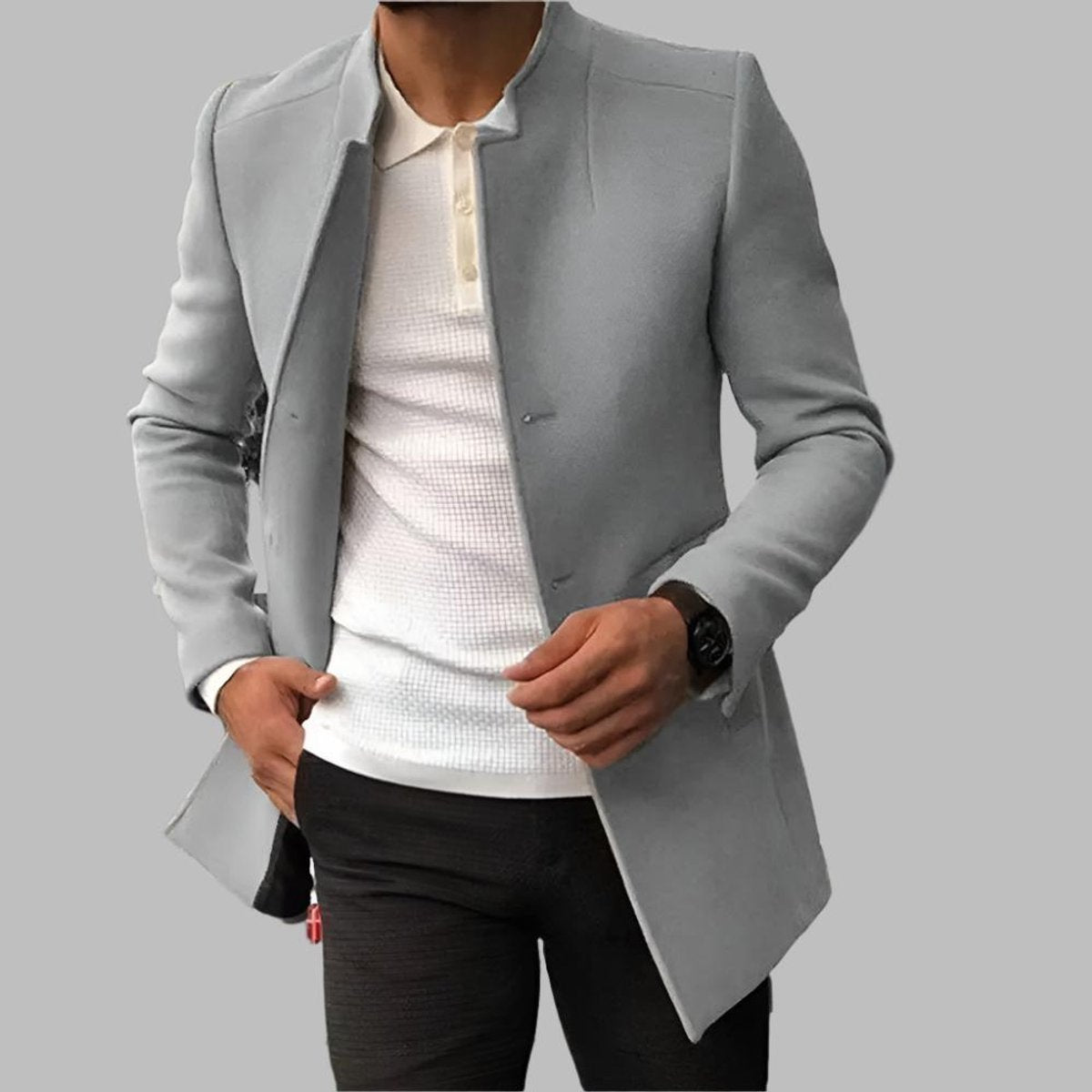Men's Slim-Fit Collarless Wool Coat Open-Front - Image 3