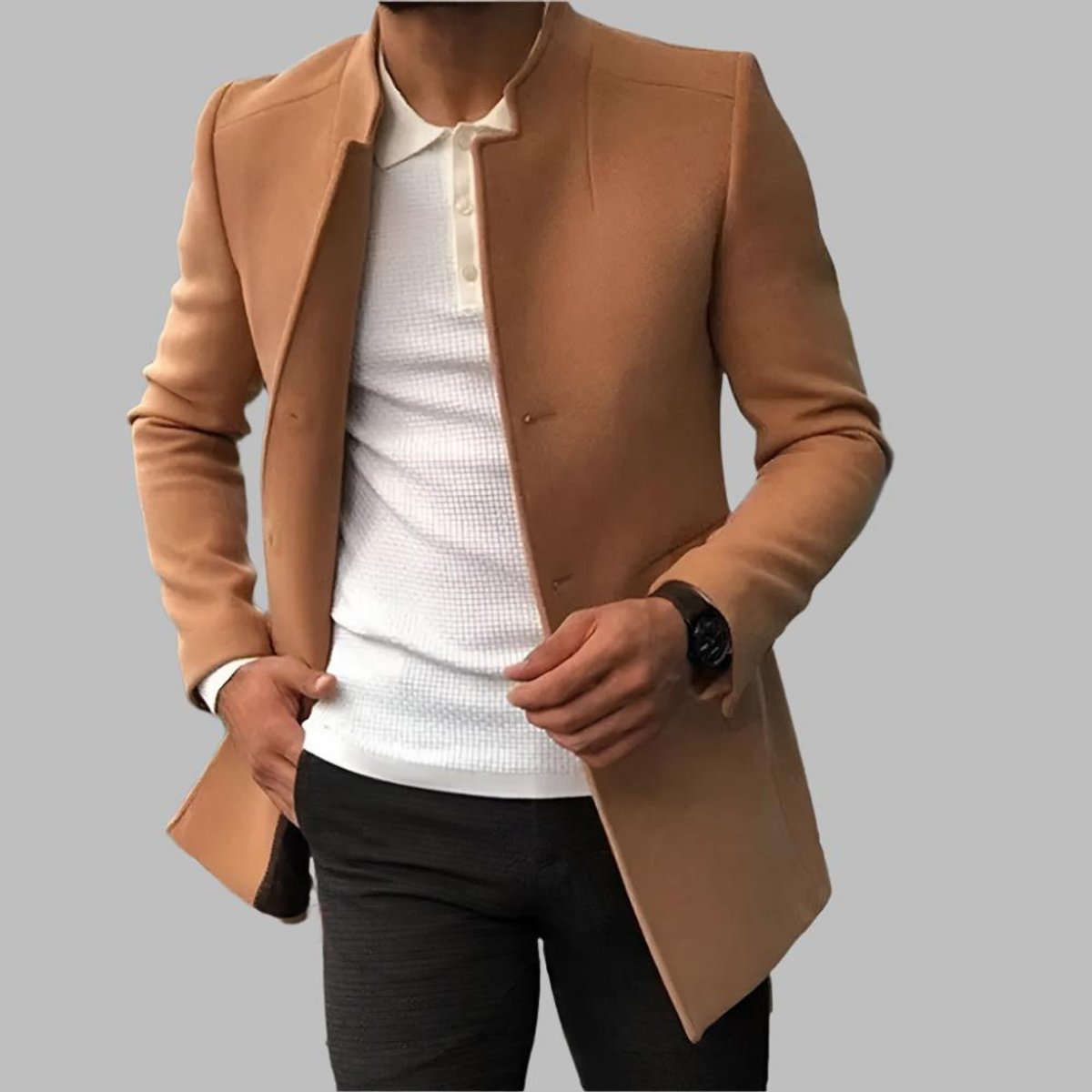 Men's Slim-Fit Collarless Wool Coat Open-Front - Image 4